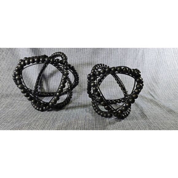 2 Black Wooden Bead & Metal Orb Sculptures - Picture 3 of 7